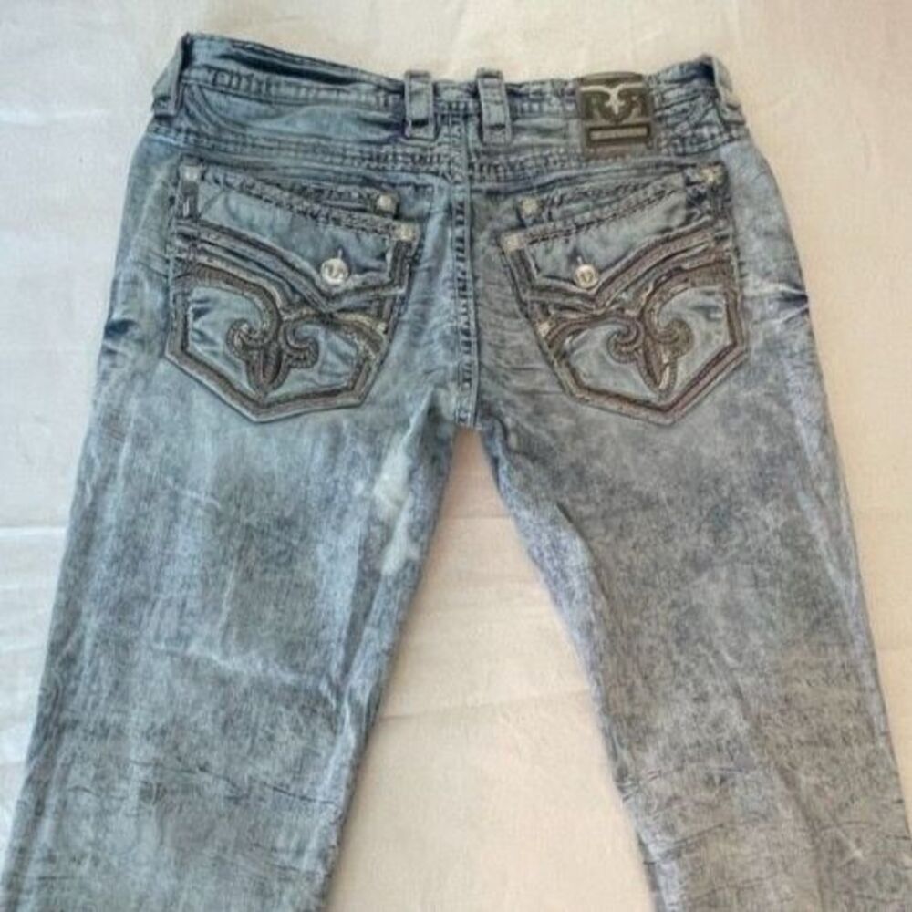 Men's Rock Revival Jean MEYRICK Straight Leg Size 36x31 Blue Wash White Stitch